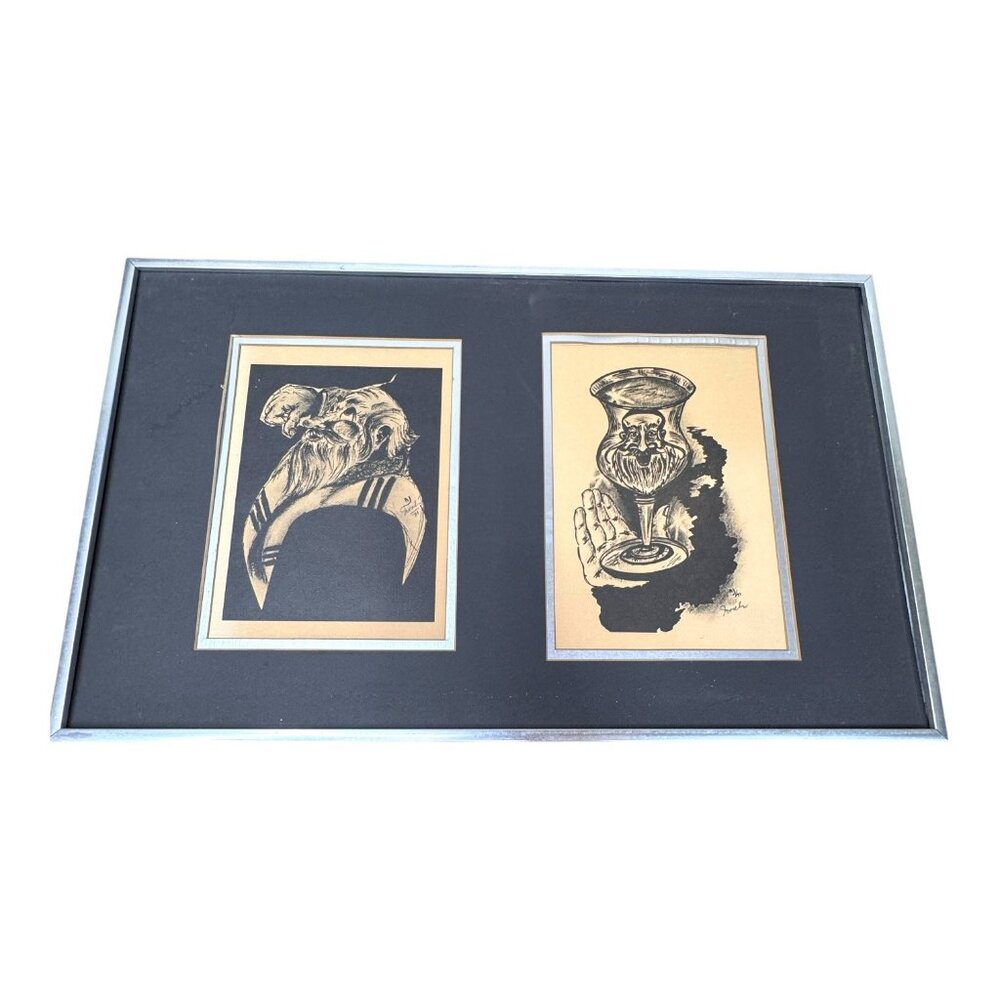 Vintage Art Print Mystical Bearded Rabbi etching Signed 1971 Religious framed